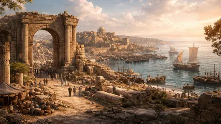 Puerto de Ascalón visto desde una colina, una imagen idealizada.