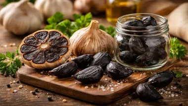 Ajos negros y frasco de cristal con dientes.