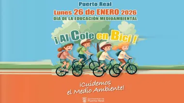 Cartel, en dibujos infantiles, de "Al cole en bici".