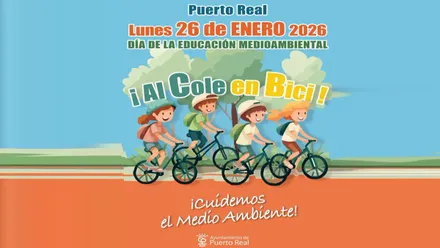 Cartel, en dibujos infantiles, de "Al cole en bici".