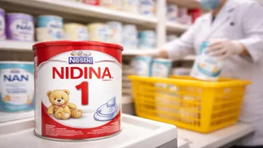 Bote de leche en polvo infantil de Nestlé en tonos rojos y blancos.