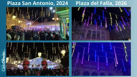 Luces instaladas por Ximenez en la Plaza de San Antonio de Cádiz en la Navidad de 2024 y luces instaladas por Ximenez en el COAC 2026.