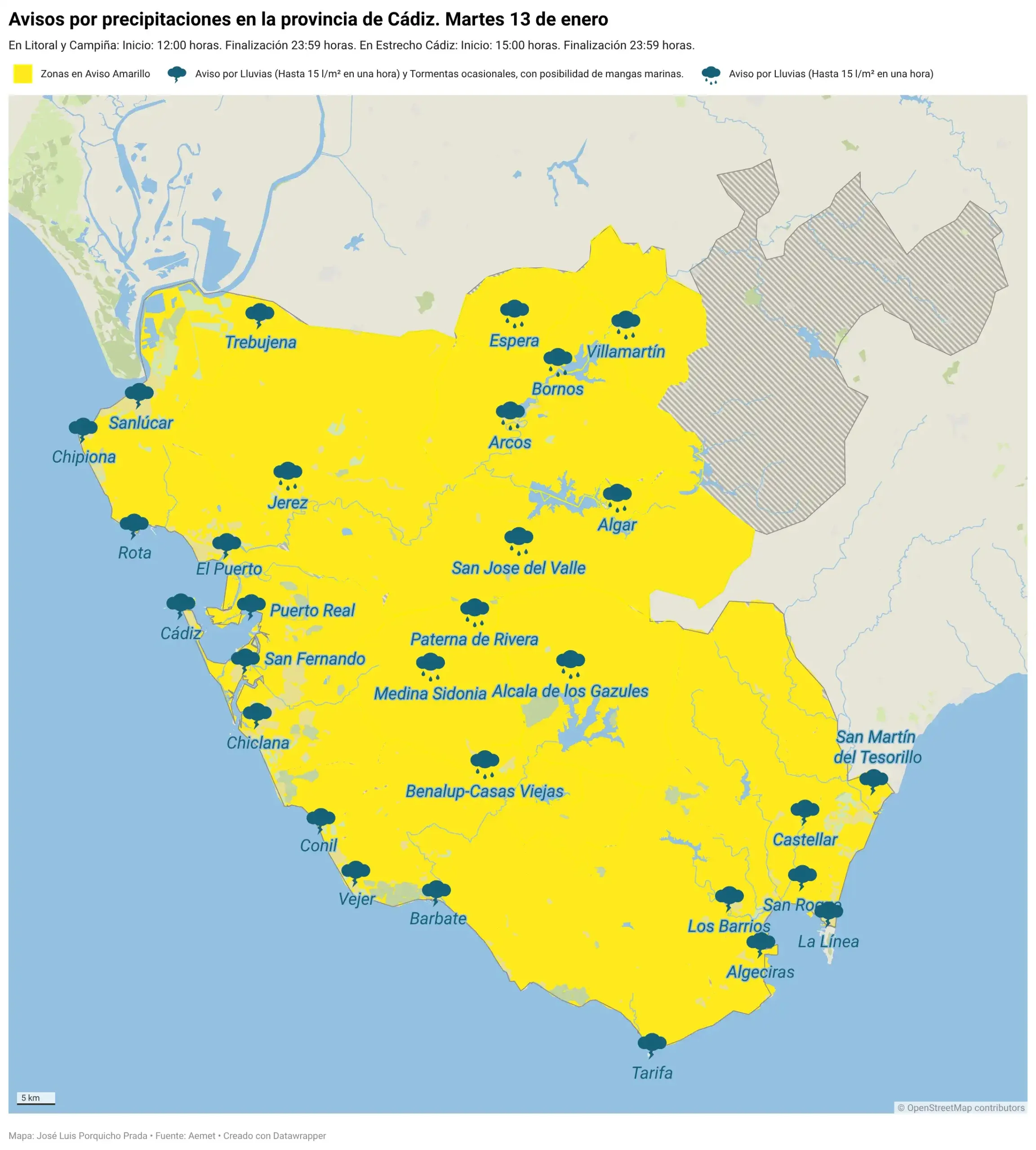 Tormentas, lluvias y riesgo de mangas marinas: la provincia de Cádiz, bajo avisos amarillos