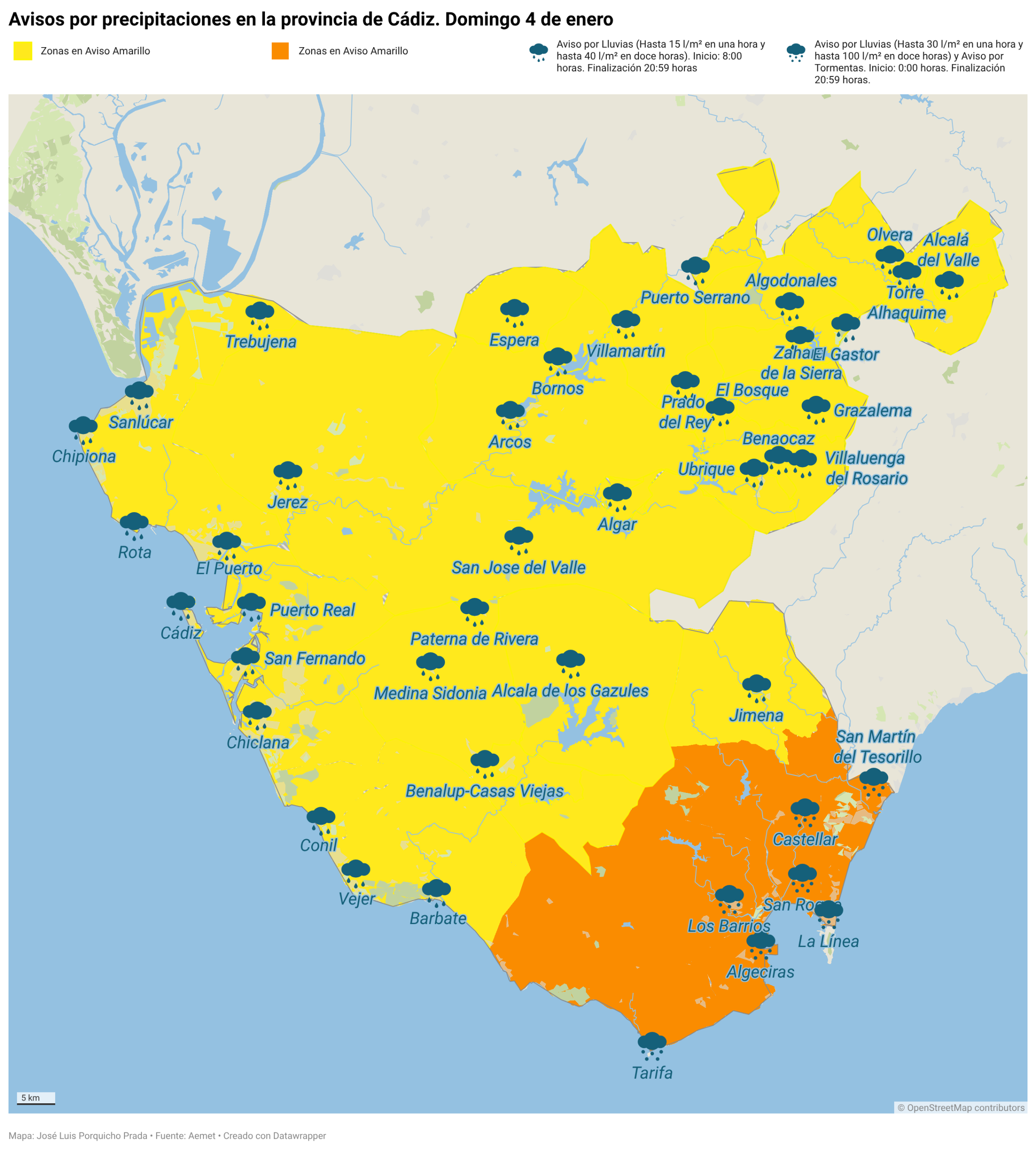 Toda la provincia de Cádiz en avisos por lluvias este domingo por el paso de la borrasca Francis