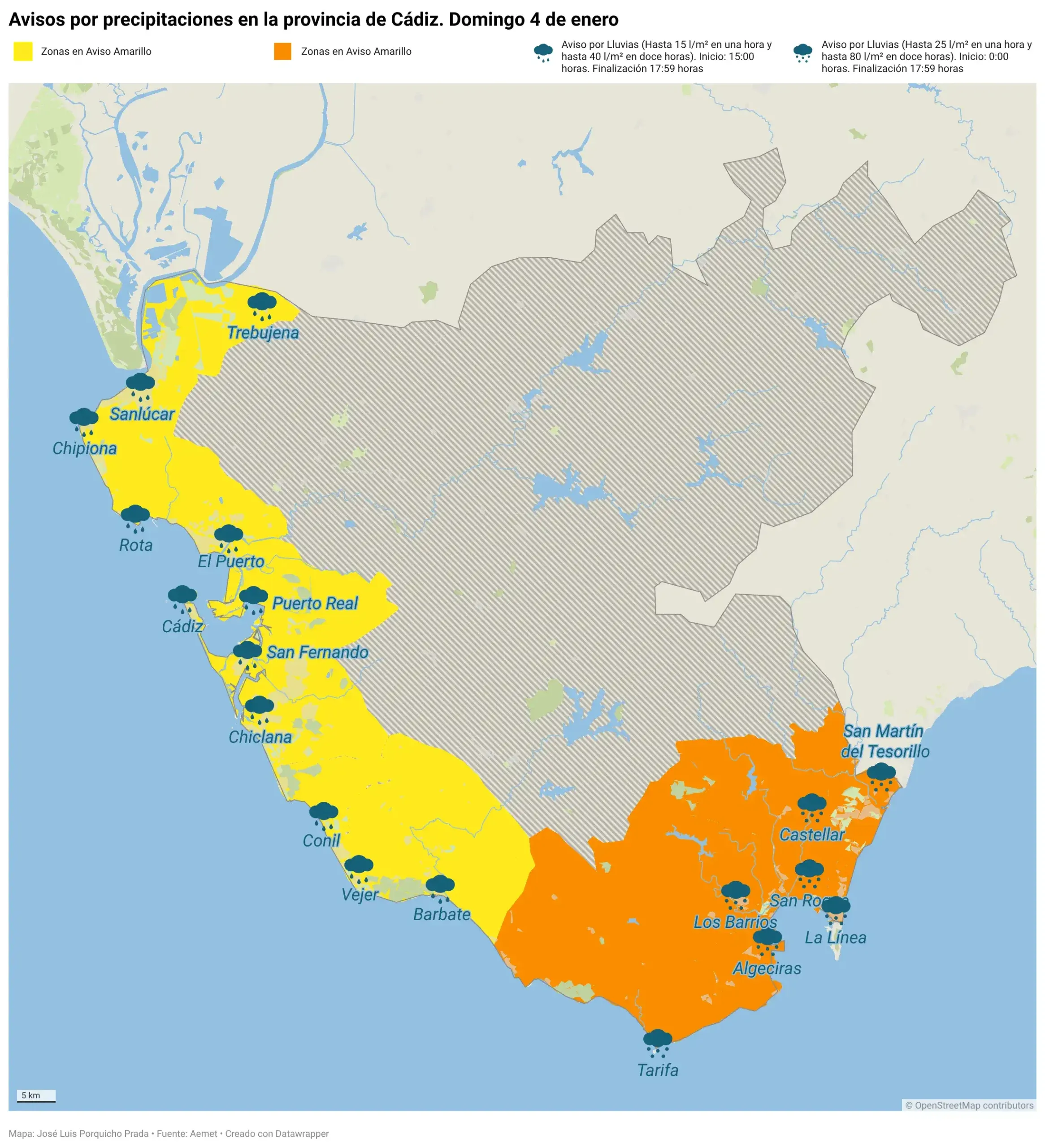 La Aemet amplía y eleva los avisos por lluvias en Cádiz por la borrasca Francis