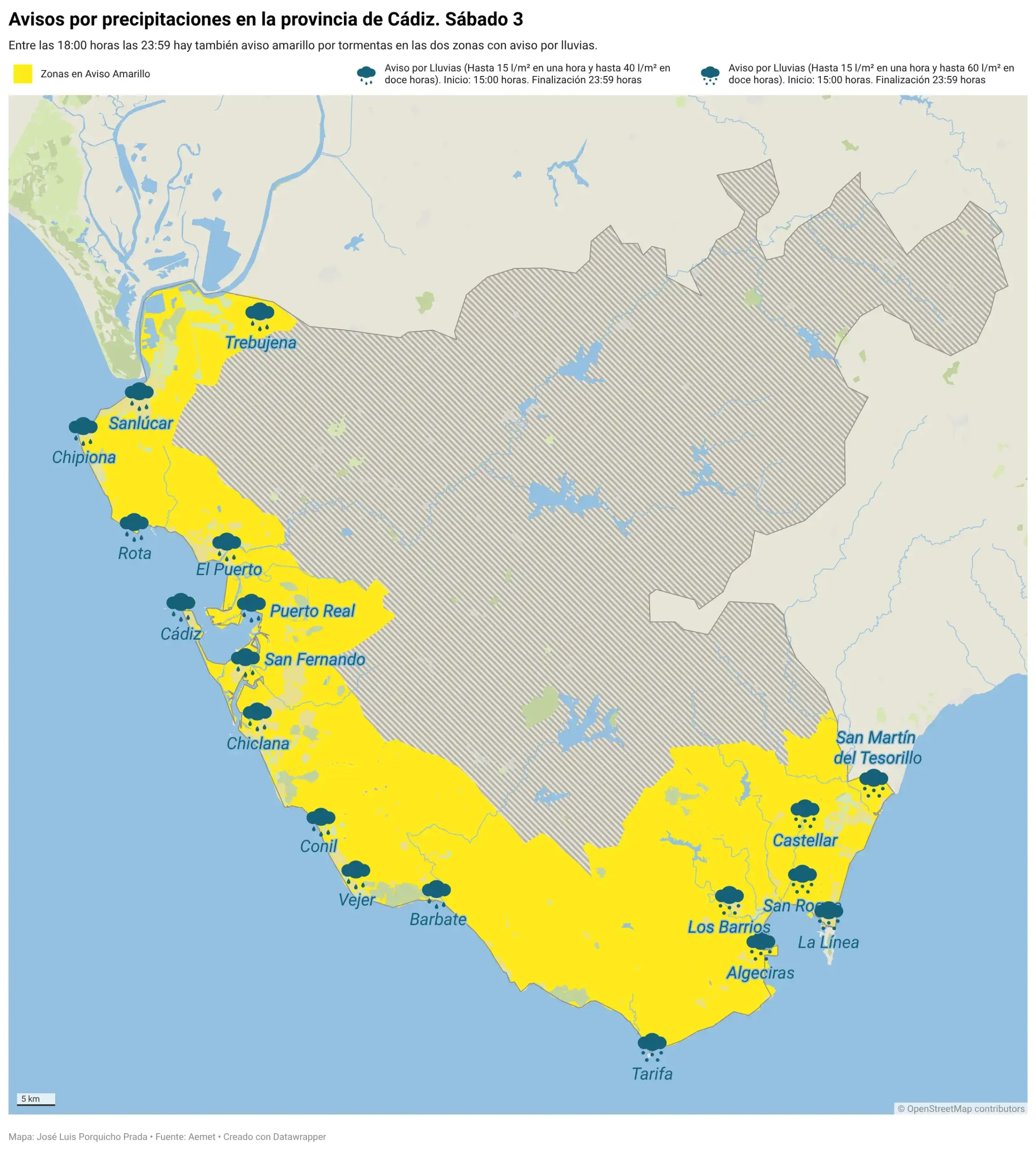 La Aemet amplía y eleva los avisos por lluvias en Cádiz por la borrasca Francis
