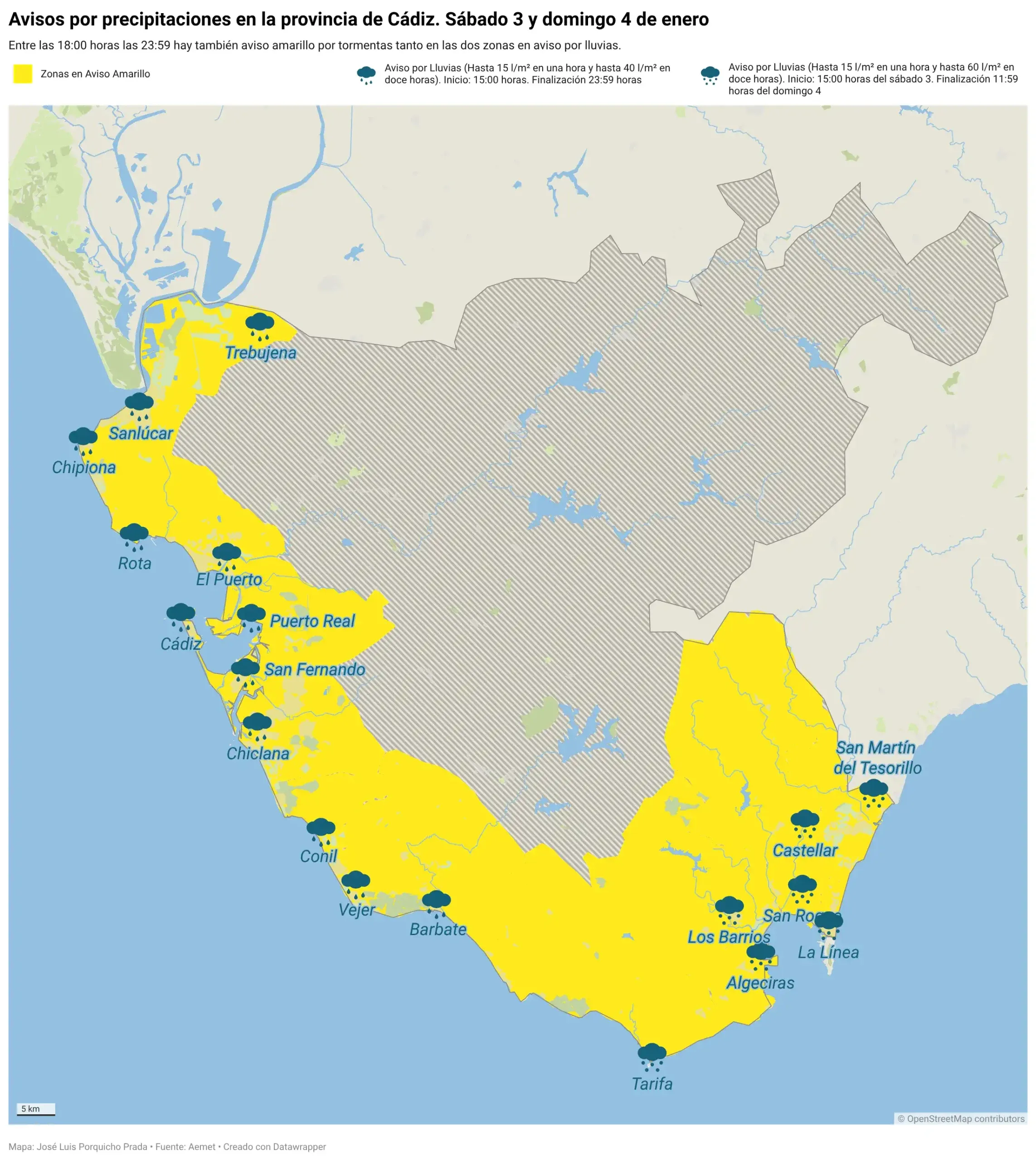 Aviso amarillo en Cádiz por lluvias y tormentas: así estará el tiempo este fin de semana y en Reyes