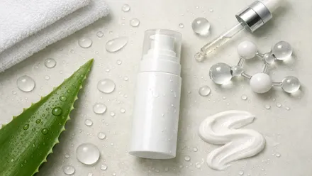 Bote blanco con body milk, gotas de agua y un trozo de aloe vera.
