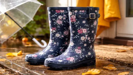 Dos botas con un paraguas tras ellas.