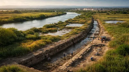Recreación artística del Canal de Marius en paralelo a un río.
