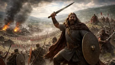 Carataco, espada en mano y alzada, ataca a una columna romana.