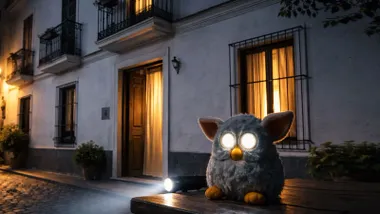 Casa en la noche con las luces encendidas y Furby con los ojos iluminados.