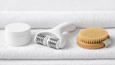 Toallas blancas con crema contra la celulitis y útiles.