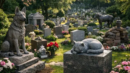 Túmulos y tumbas de un cementerio de mascotas, destacan un perro pastor alemán y un gato.