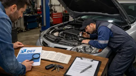 Taller mecánico con dos operarios revisando un coche.