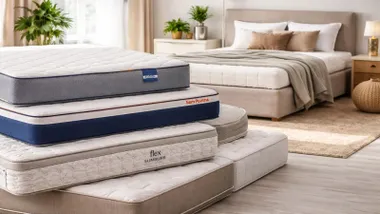 Pila de colchones en un dormitorio, al fondo una cama de matrimonio.