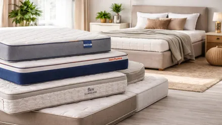 Pila de colchones en un dormitorio, al fondo una cama de matrimonio.