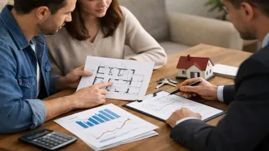 Pareja en una inmobiliaria viendo lo planos de una vivienda a comprar.