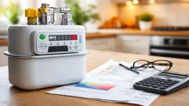Contador de gas junto a una calculadora y útiles como papel y lápiz o unas gafas.