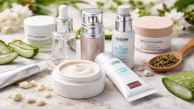 Diferentes productos en tarro o dosificadores, de colores blanco o crema, con contorno de ojos.