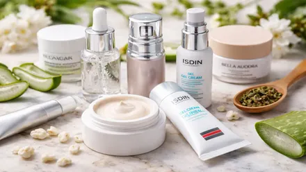 Diferentes productos en tarro o dosificadores, de colores blanco o crema, con contorno de ojos.