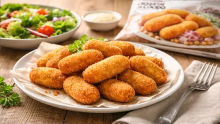 Un plato blanco con muchas croquetas formando una montañita.