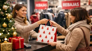 Mujer devolviendo un regalo en unos almacenes, se leen carteles de "Rebajas".