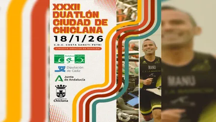Cartel del Duatlón de Chiclana en el que destaca un corredor sonriente.
