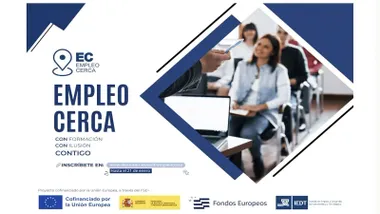 Cartel en blanco y azul de la campaña "Empleo Cerca".