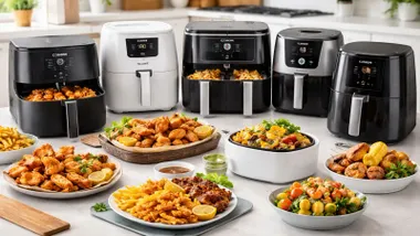 Diversas freidoras de aire y platos cocinados.