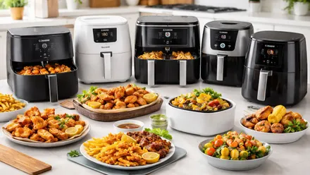 Diversas freidoras de aire y platos cocinados.