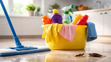 Cubo con productos de limpieza y una cucaracha muerta al lado.