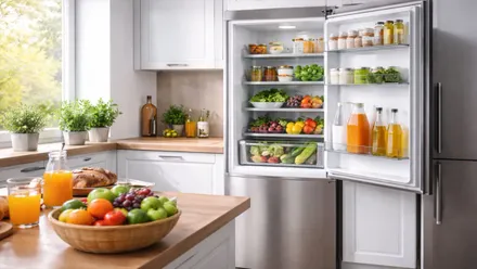 Frigorífico con la puerta abierta en una cocina.