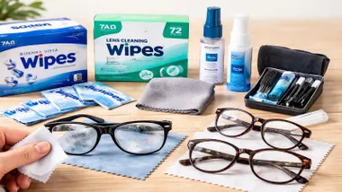 Limpiadores de gafas y gafas sobre las gamuzas.