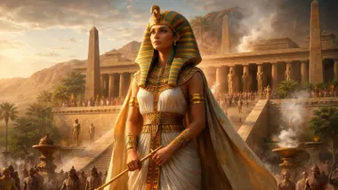 Faraona Hatshepsut y tras ella un lujoso templo.