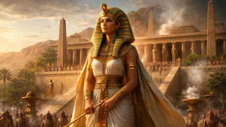 Faraona Hatshepsut y tras ella un lujoso templo.