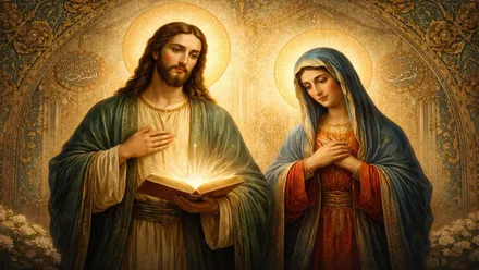 Representación piadosa de Jesús de Nazaret y la Virgen María a su derecha.