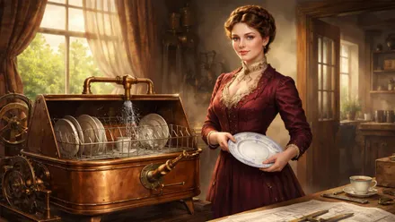 El primer lavavajillas junto a su inventora.