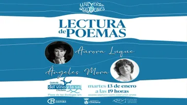 Cartel en tonos azules y blancos de lectura de poemas en la imagen en blanco y negro de las poetisas.