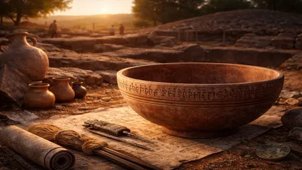 Recipiente de barro en una mesa y un horizonte con puesta de sol.