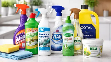 Envases con productos limpiadores del hogar.