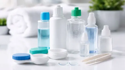 Diferentes botes con líquido para limpiar lentillas.