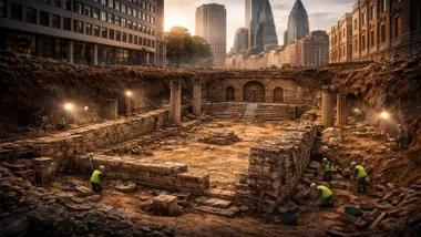 Ruinas romanas y trabajadores en torno a las mismas, al fondo los rascacielos de Londres.