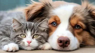 Gato y perro en actitud de mirar al objetivo de la cámara.