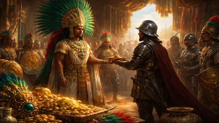 Moctezuma entregando oro a Hernán Cortés.