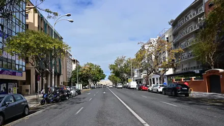Vista de la Avenida Principal de Cádiz en un momento sin tráfico, con una calzada amplia y recta que conduce hacia la Puerta de Tierra, visible al fondo de la imagen.