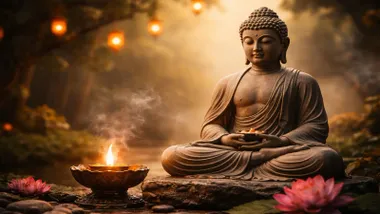 Vela, una flor de loto rosa y una estatua de Buda.