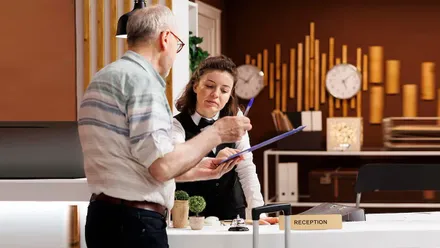 Chica recibiendo las orientaciones de un formador en la recepción de un hotel.