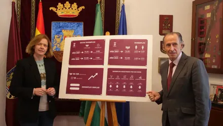 Datos del paro en Chiclana en una pizarra junto al alcalde y la edil.