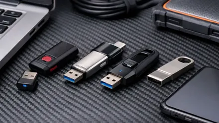 Pendrives de diferentes formas y colores alineados.